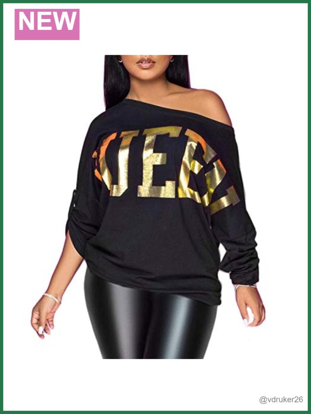 Womens Off Shoulder Metallic Shiny Graphic T-Shirt Batwing Sleeve Party Top